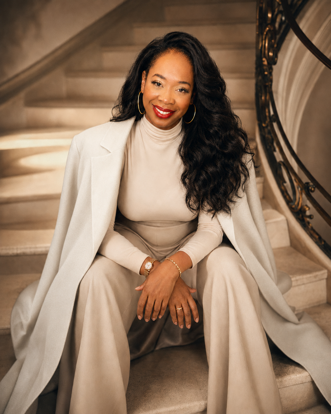 Latoya Belfon, publisher and brand strategist, seated on a staircase in an ivory coat